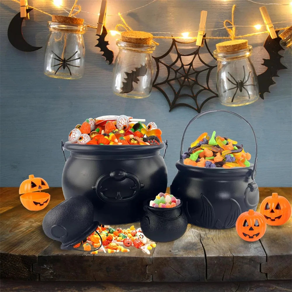 Spooky Black Cauldron Candy Bucket - Perfect for Halloween Trick or Treating & Party Decor!