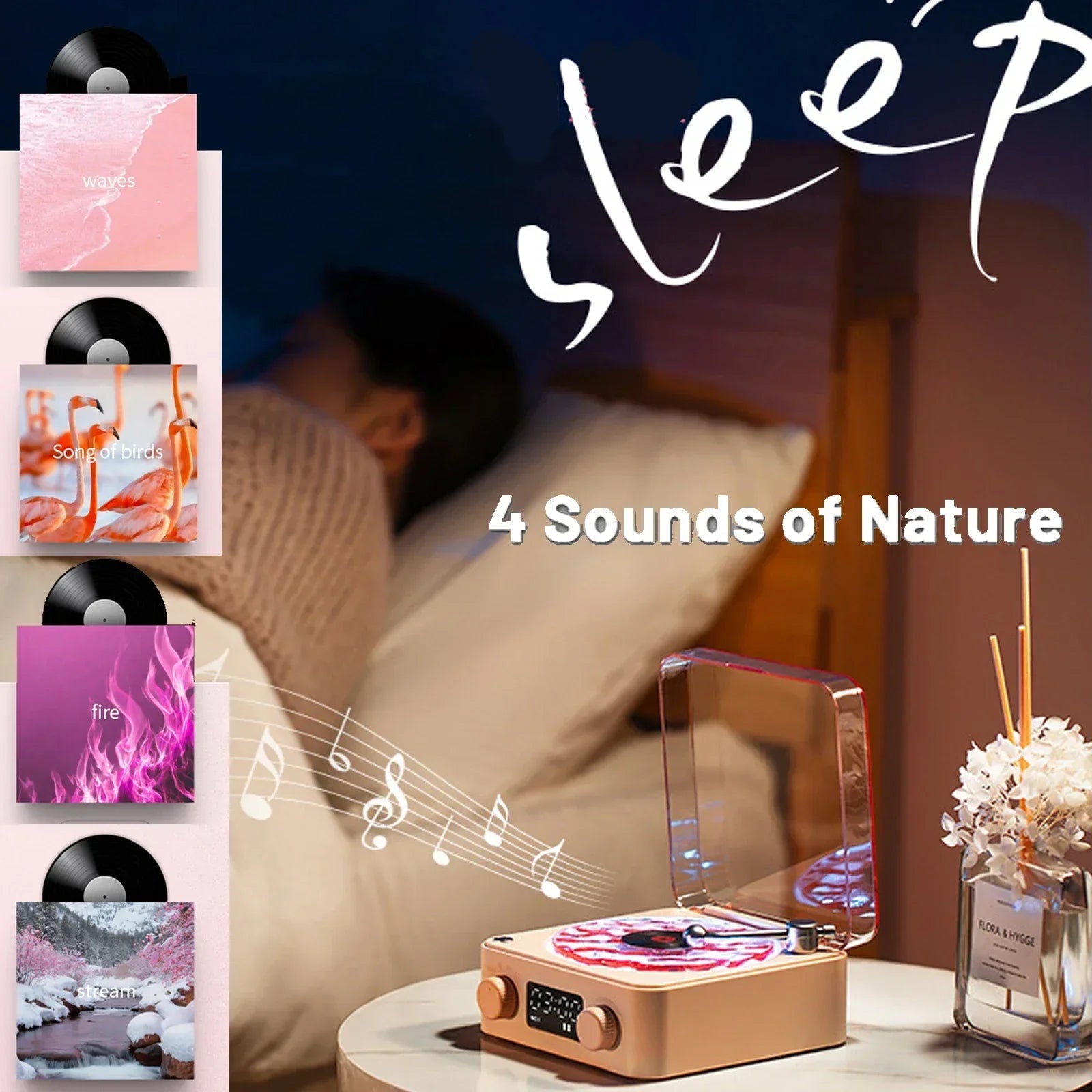 Retro Waves Bluetooth Vinyl Player with RGB Light - Sleep Aid Turntable Speaker with White Noise